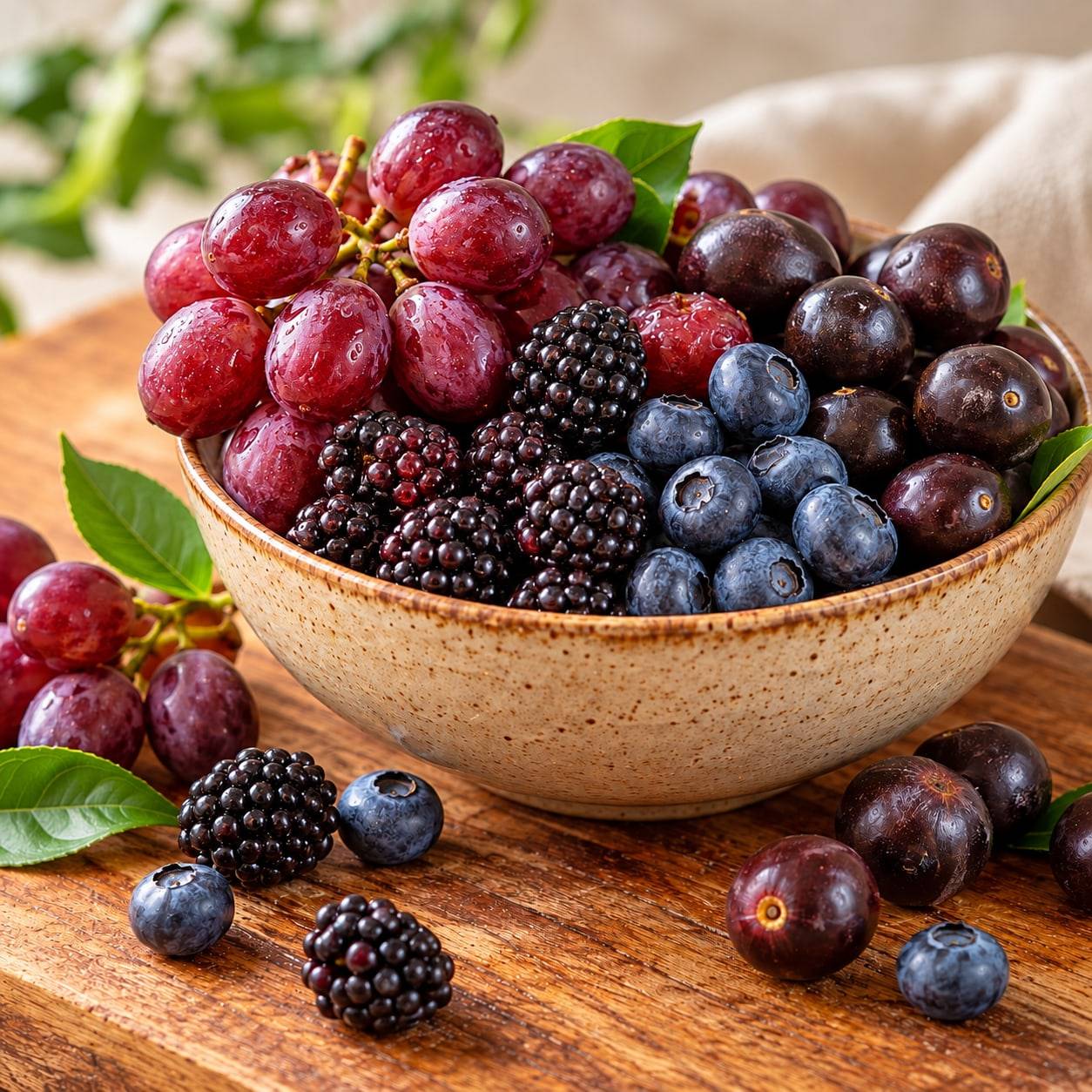 Uvas, amoras e mirtilos frescos em uma tigela