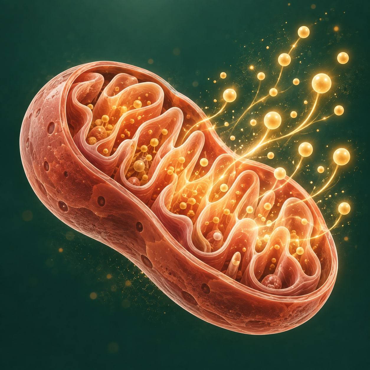 Ilustração de uma mitocôndria em tons de verde