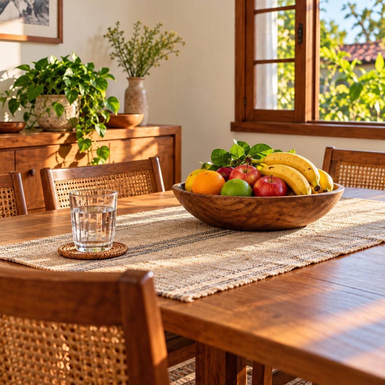 Mesa posta com frutas frescas, pães e pratos coloridos